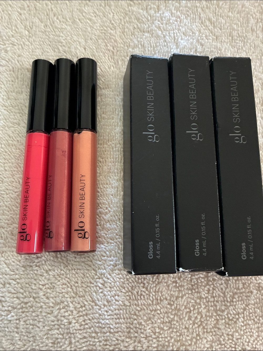 Glo Skin Beauty Lip Gloss Trio — Coral Pink, Rosewood, Peach Nude